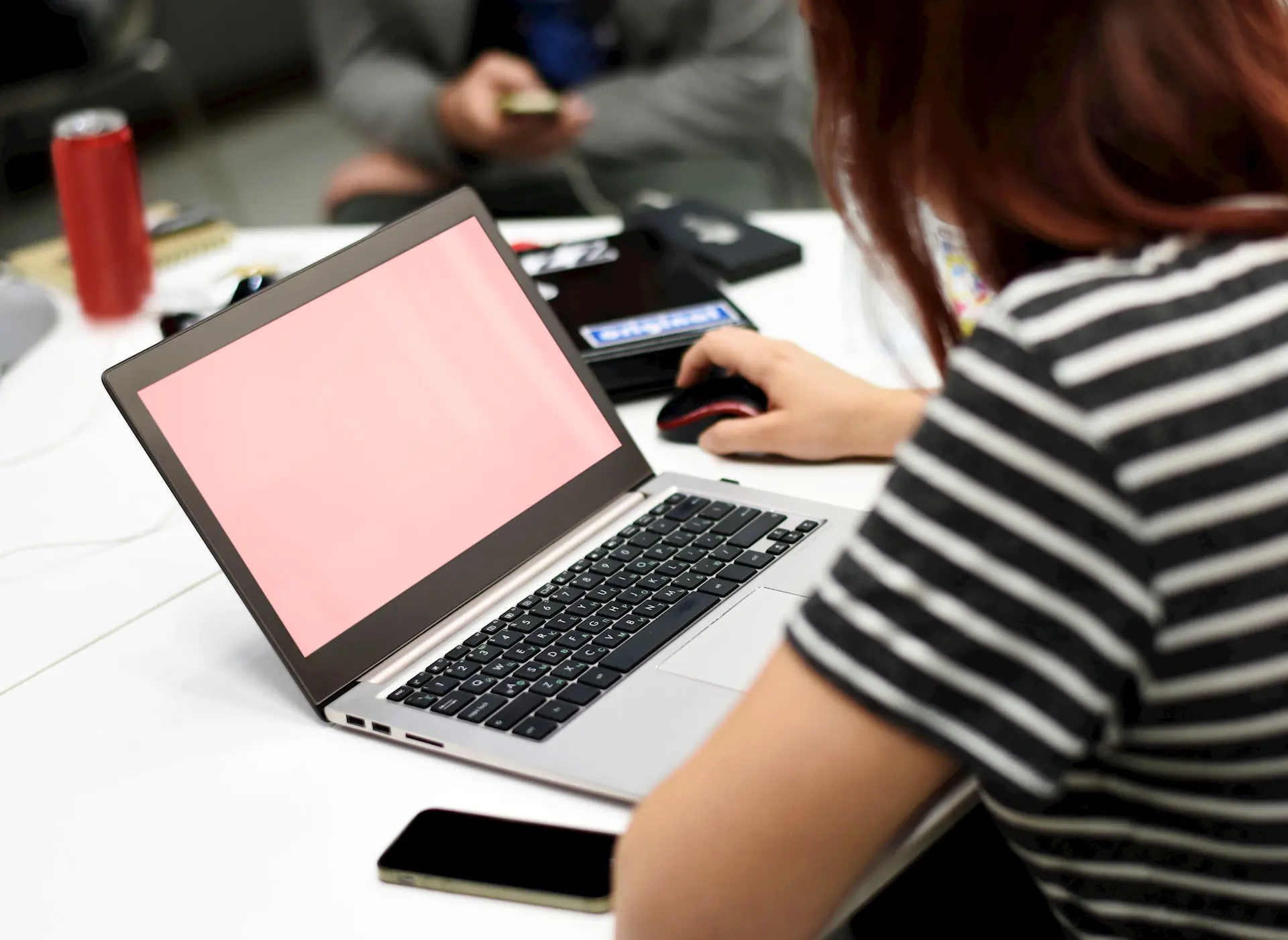 Girl Striped Shirt Working On Laptop